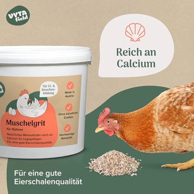VYTAfield® Muschelgrit für Hühner, 5kg, natürlicher Futterkalk, reich an Calcium, ohne künstliche Zusätze, Made in Austria – Bild 3