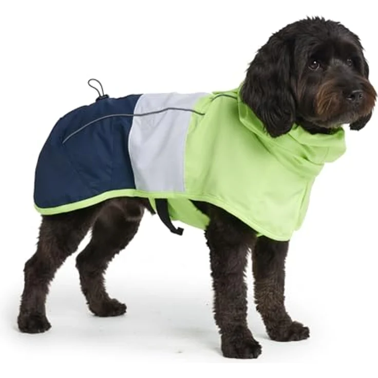 Spark Paws Hunderegenmantel, wasserdicht und winddicht mit vollständigem Körperschutz, reflektierend, atmungsaktiv, Neon White Navy Blue, 2XL – Bild 1