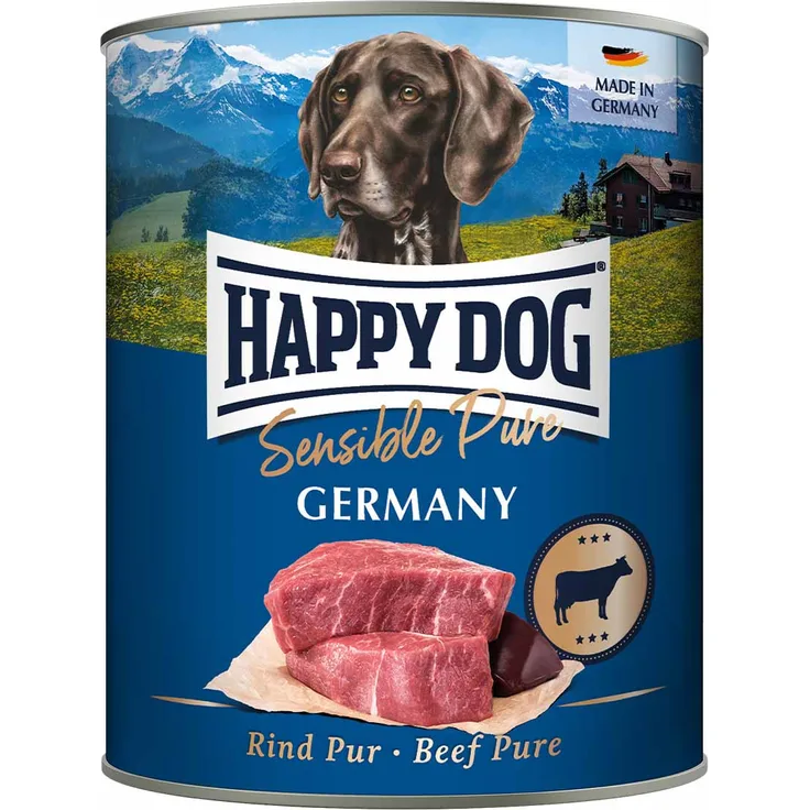 Happy Dog Sensible Pure Germany (Rind), Hunde-Nassfutter für ausgewachsene Hunde, 6x800g, geeignet für Futtermittelunverträglichkeiten