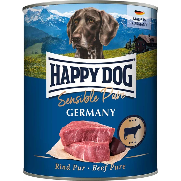 Happy Dog Sensible Pure Germany (Rind), Hunde-Nassfutter für ausgewachsene Hunde, 6x800g, geeignet für Futtermittelunverträglichkeiten