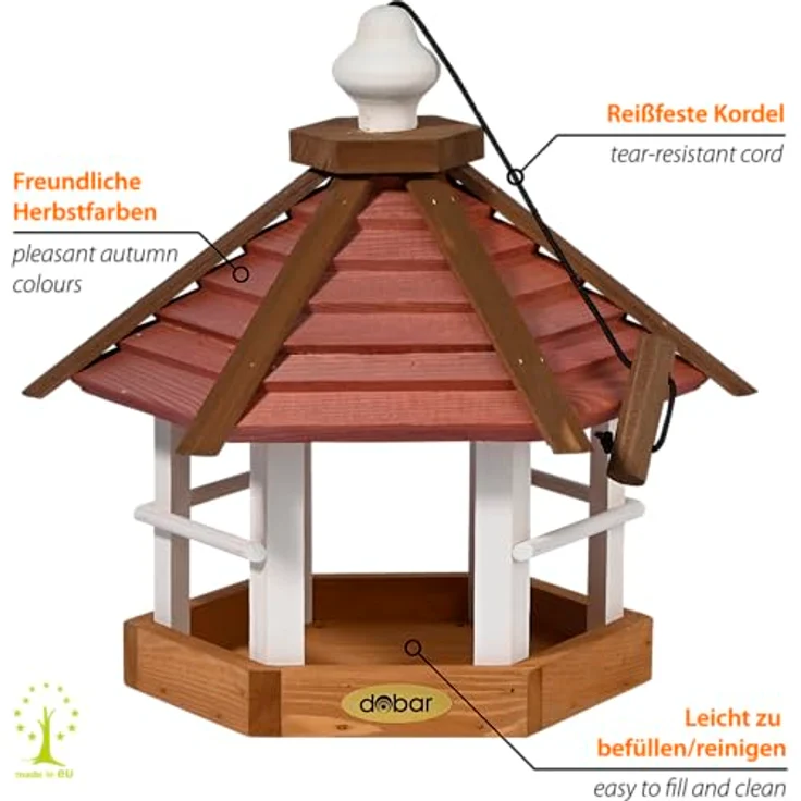 dobar® Großes Vogelhaus Herbstfrüchte, Futterstation aus Kiefernholz, 33,5 x 29 x 34 cm, Braun/Rot/Weiß, zum Aufhängen – Bild 2