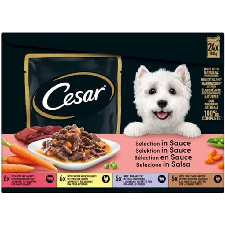 Cesar Portionsbeutel Multipack Selektion in Sauce, 4 Varietäten, 24 x 100g, ausgewogene Rezeptur ohne Zuckerzusatz – Bild 2