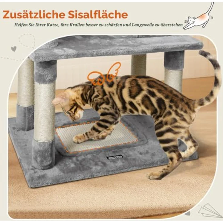 Nobleza Katzenbaum Kratzbaum Groß 168cm, Kletterturm mit 9 Sisal Säulen, 2 Plattformen, Hängematte und Pompon, Grau – Bild 5