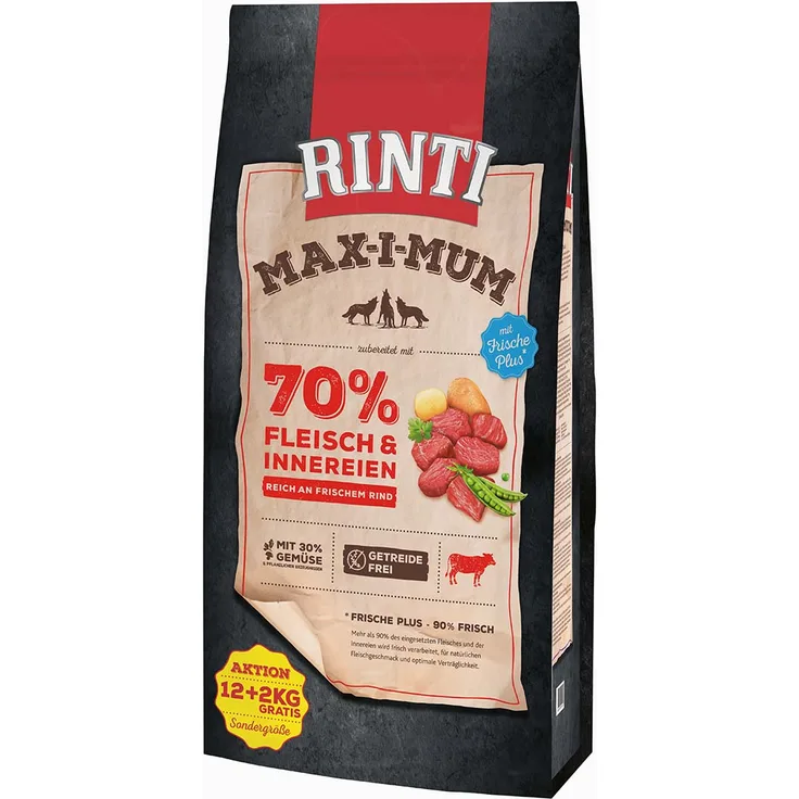 Rinti Max-i-Mum Rind, Hunde-Trockenfutter mit Vitaminen, 12kg + 2kg gratis