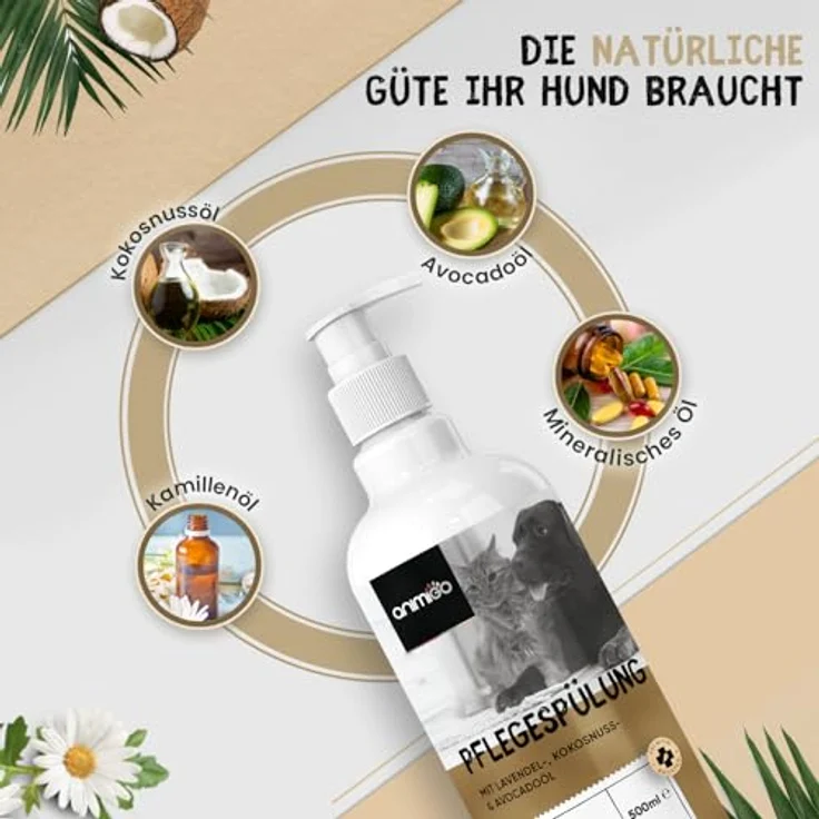 animigo Conditioner für Hunde & Katzen, 500ml Spülung mit Kokosöl & Avocadoöl, für Langhaar & Kurzhaar, bei Juckreiz & trockener Haut, ohne Parfüm – Bild 4