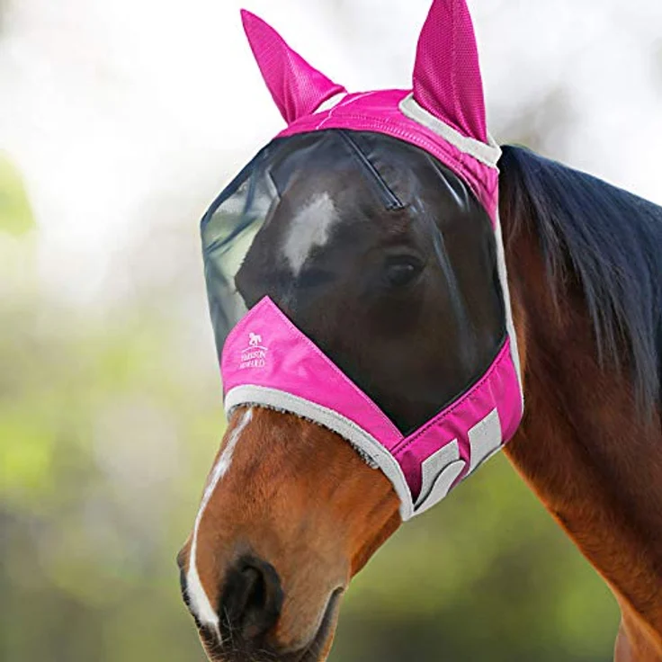 Harrison Howard CareMaster Pro Luminous Pferde Fliegenmaske, UV-Schutz mit Ohrenschutz, Rosa, Warmblut (L) – Bild 1