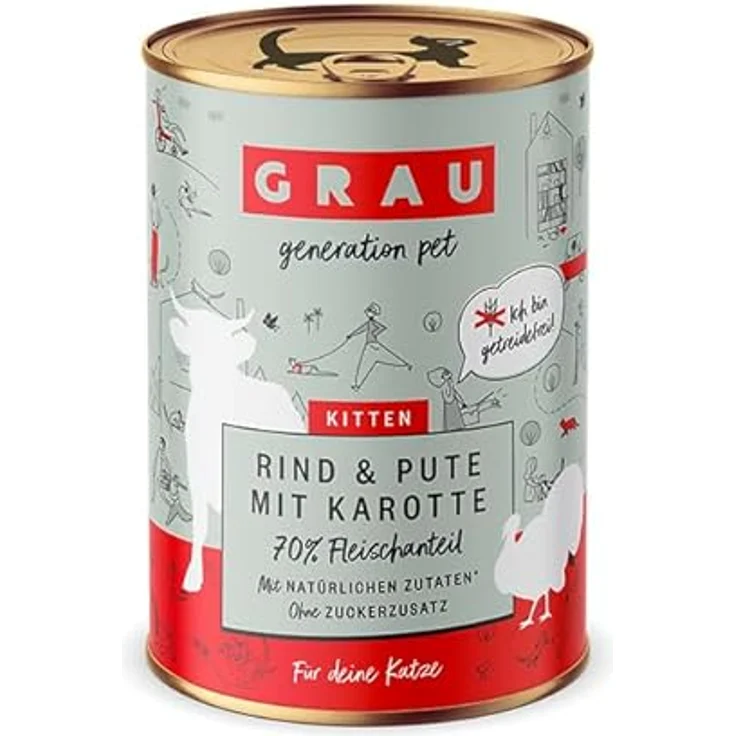 GRAU – das Original – Nassfutter für Katzen – Kitten – Rind, Pute & Karotte, 6er Pack (6 x 400 g), getreidefrei, für Kitten – Bild 1