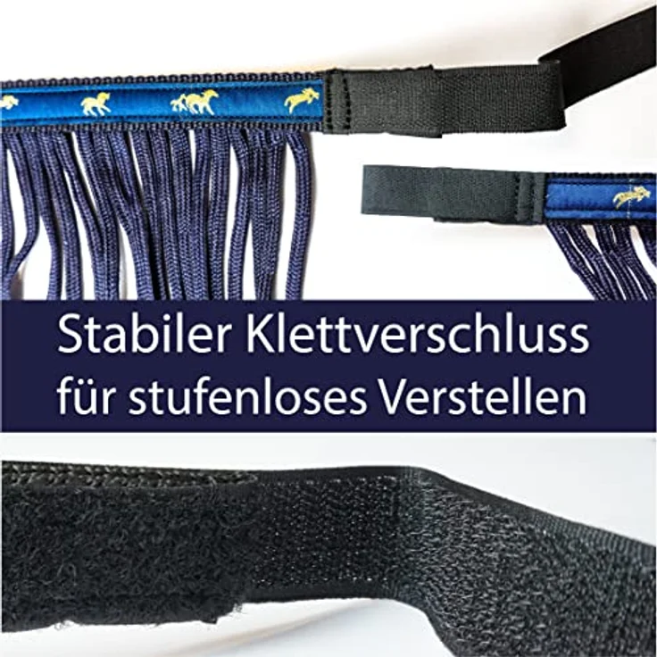 Pferdelinis Fliegenfransen Fliegenmaske mit Klettverschluss, effektiver Insektenschutz für Shetty in Blau, extra lange Fransen – Bild 3