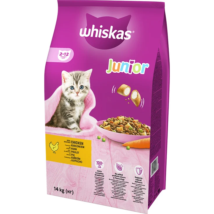 Whiskas Junior Huhn Trockenfutter, Sparpaket 2 x 14 kg für Kätzchen bis 12 Monate, erhöhten Energie- und Proteingehalt, mit Vitaminen und Mineralstoffen