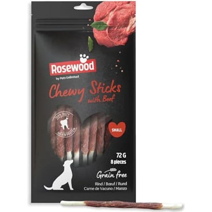 Rosewood Chewy Sticks Rind Small, 8 Stück, 72 g, getreidefreie Kaustangen für kleine Hunde mit schmackhaftem Rindfleisch und Rinderhaut – Bild 1