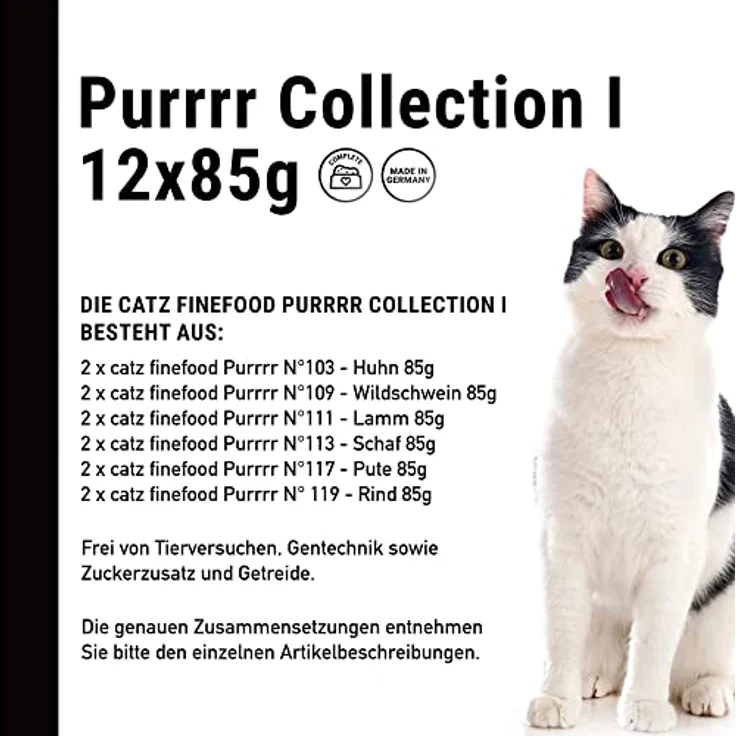 catz finefood Purrrr Collection I - Monoprotein Nassfutter für Katzen - getreidefrei, zuckerfrei, hypoallergen, hoher Fleischanteil, 12 Beutel à 85 g – Bild 4