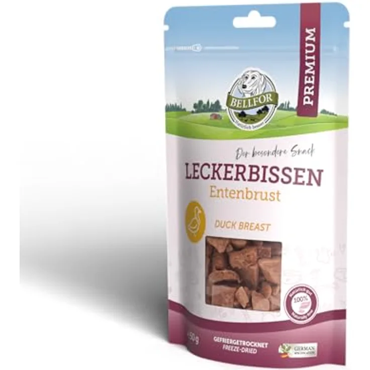 Bellfor Leckerbissen für Hunde, Entenbrust, 50 g - Gefriergetrockneter, getreidefreier Snack für empfindliche Hunde, leicht verdaulich, ohne künstliche Zusatzstoffe