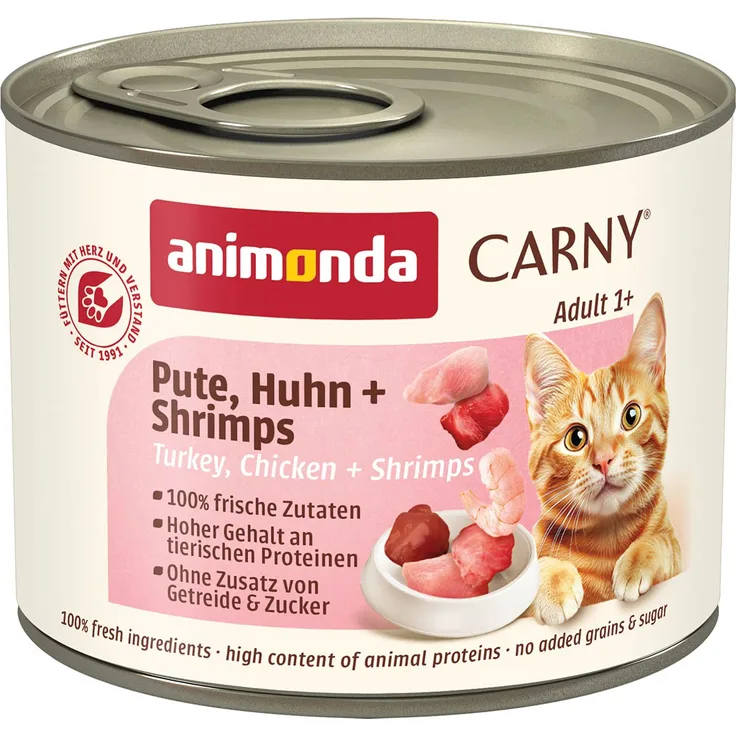 animonda Carny Adult Pute, Huhn und Shrimps, Katzen-Nassfutter, 6x200g mit wichtigen Vitaminen und zartem Geflügel