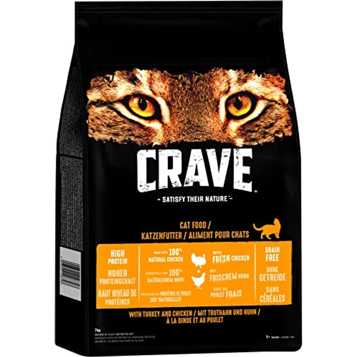 Crave Adult Trockenfutter mit Truthahn & Huhn, 7kg – Premium Katzenfutter ohne Getreide und mit hohem Proteingehalt, 100% natürliches Huhn