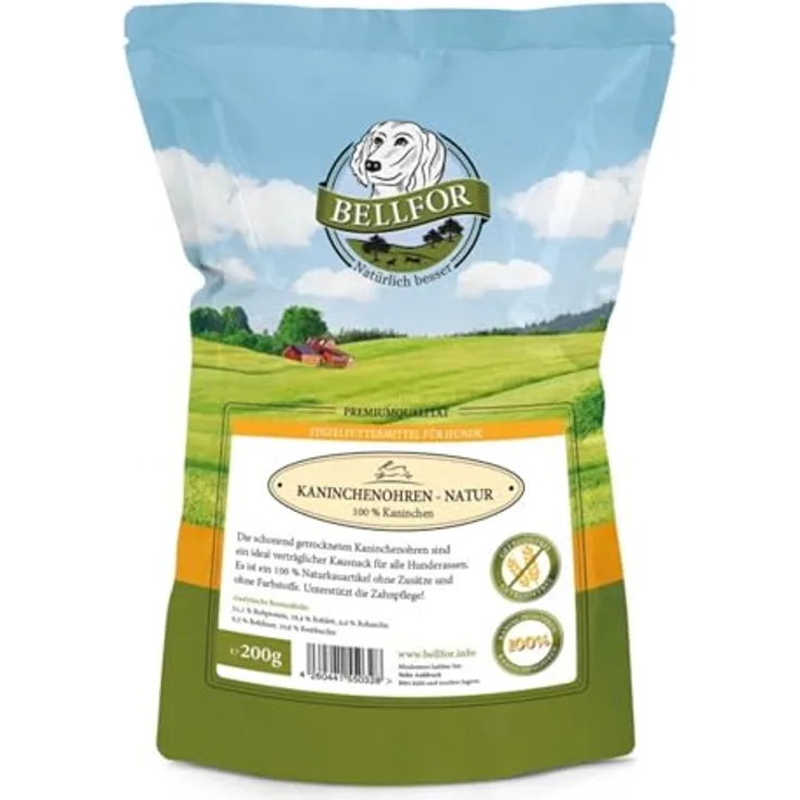 Bellfor Kaninchenohren ohne Fell, 200 g - Leicht verdauliche Kausnacks zur Zahngesundheit für Welpen und Senioren, getreidefrei und hypoallergen