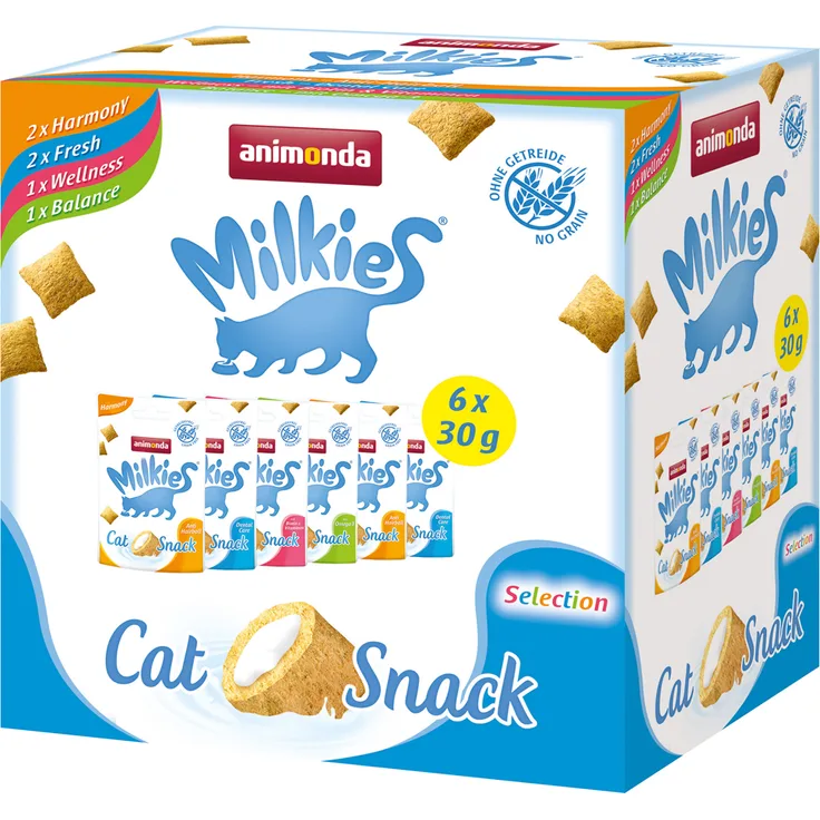 Animonda Mixed Pack Milkies Knuspertaschen, 18 x 30 g - getreidefreier Katzensnack mit 4 Sorten für Haut, Fell und Zahnhygiene, weniger als 1,5 kcal pro Stück