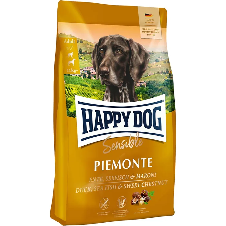 Happy Dog Supreme Sensible Piemonte, getreidefreies Hundefutter mit Ente, Seefisch und Kastanie, 10kg