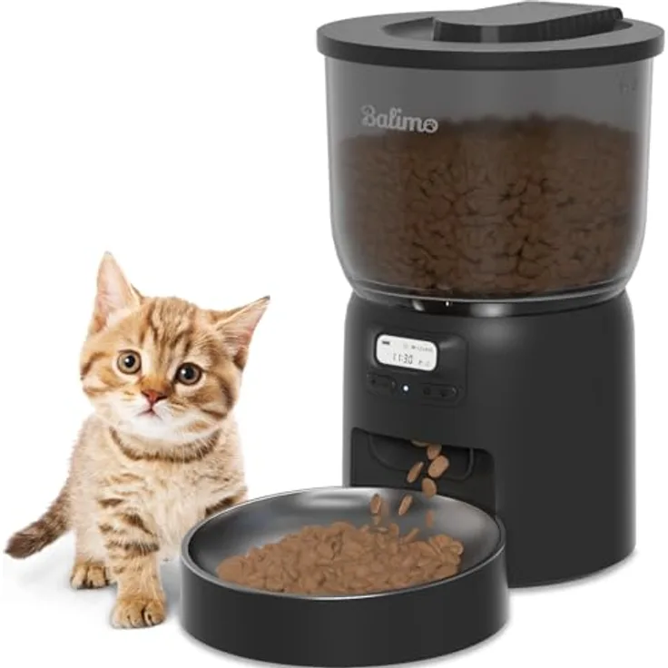Balimo Futterautomat Katze 3L, automatischer Futterspender mit programmierbarem Timer, Edelstahl-Schüssel, Schwarz, für 1–6 Mahlzeiten pro Tag