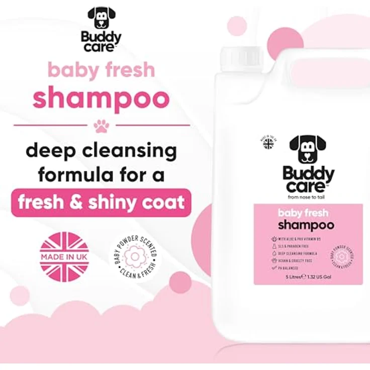 Buddycare Baby Fresh Dog Shampoo, 5L für Hunde ab 8 Wochen, mit Aloe Vera, Provitamin B5 und Babypuder-Duft – Bild 2