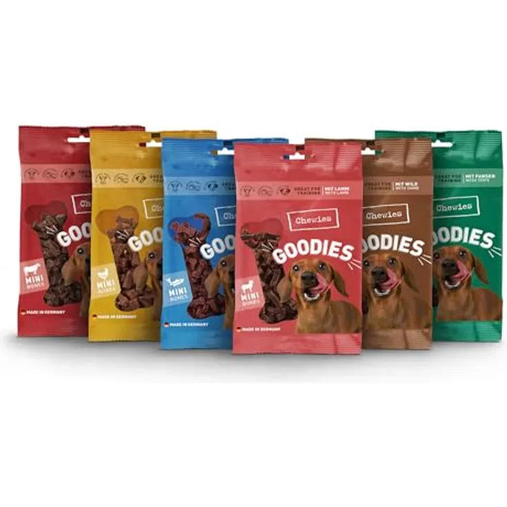 Chewies Hundeleckerli Mix 6 x 125 g, zuckerfreie Hundesnacks mit hohem Fleischanteil – Rind, Pansen, Geflügel, Lamm, Wild & Lachs (750 g)
