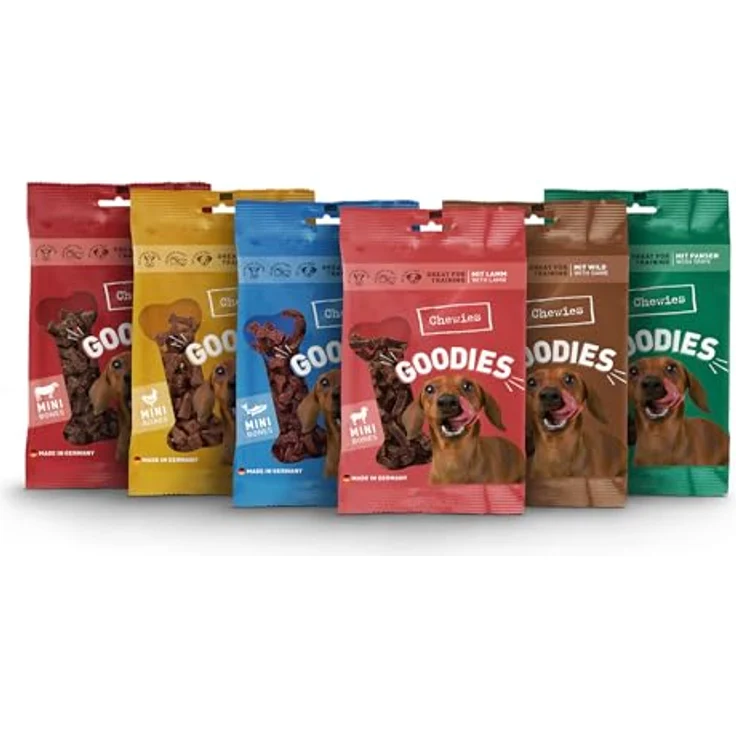 Chewies Hundeleckerli Mix 6 x 125 g, zuckerfreie Hundesnacks mit hohem Fleischanteil – Rind, Pansen, Geflügel, Lamm, Wild & Lachs (750 g) – Bild 1
