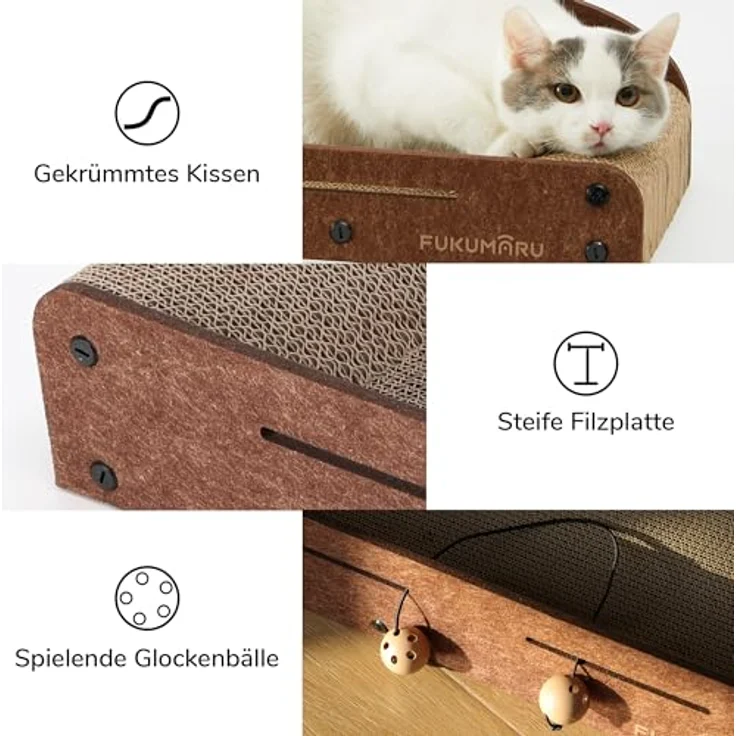 FUKUMARU 53.3 cm Katzenkratzer Karton, Langlebiges Kratzbett mit Glockenball Spielzeug, Recycelbare Katzenkratzpads für Indoor Katzen – Bild 5