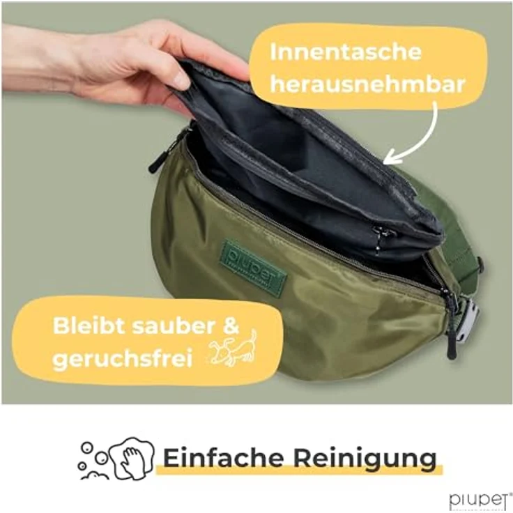 PiuPet® Leckerlitasche, wasserdichte Gassitasche für Hunde mit 3 Reißverschlussfächern, 2-in-1 Bauchtasche & Umhängetasche, herausnehmbare Innentasche, grün – Bild 2