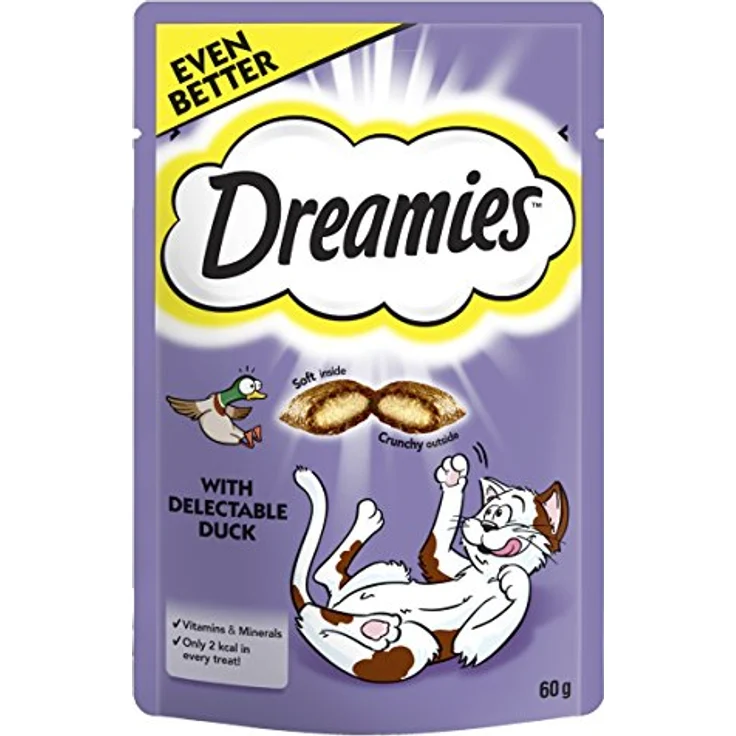 Dreamies Katzensnack Klassik - Sparpaket Ente, 6 x 60 g, knusprige Hülle mit cremig-weichem Kern, ohne künstliche Aromastoffe – Bild 1