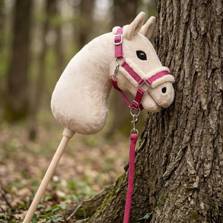 PFIFF Hobby Horse Halfter-Set „Little Lou“, Verstellbares Halfter mit Flauschiger Fellunterlage und Führstrick, Pink – Bild 5