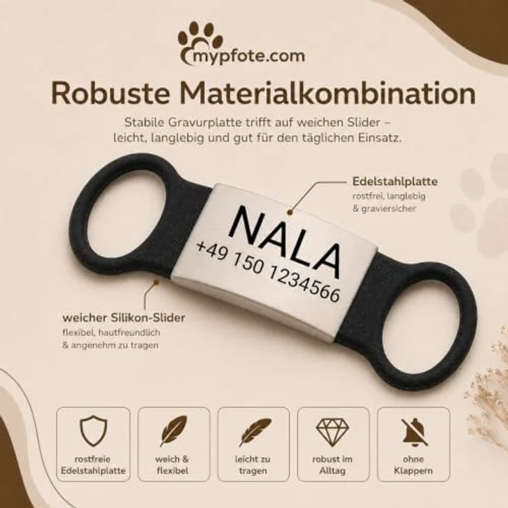 mypfote.com Hundemarke personalisiert für Halsband, Slider mit Gravur, Blau, Größe S, leise im Alltag und robuste Materialkombination – Bild 5