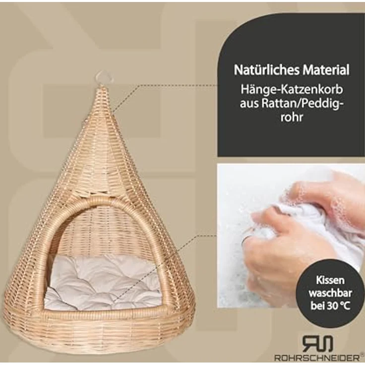 Rohrschneider Hänge-Katzenkorb Sammy | Handgeflochtenes Rattan Katzenbett mit waschbarem Kissen | Zum Hängen und Hinstellen | 45 x 45 x H 55 cm | Natur-beige – Bild 2