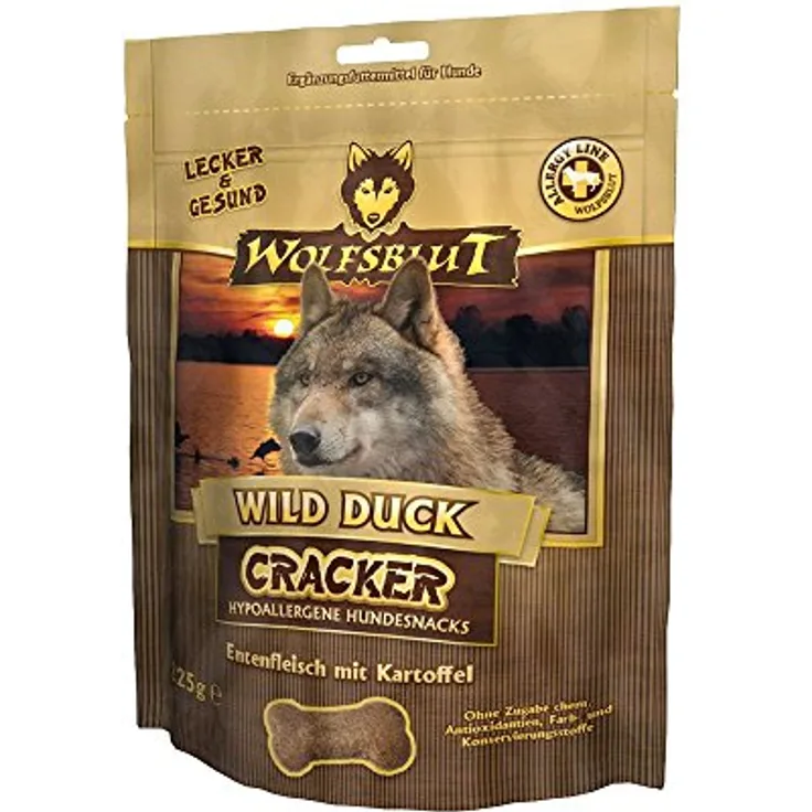 WOLFSBLUT Cracker 225g Wild Duck, Getreidefreie Hundekekse mit hohem Fleischanteil für allergiegefährdete Hunde
