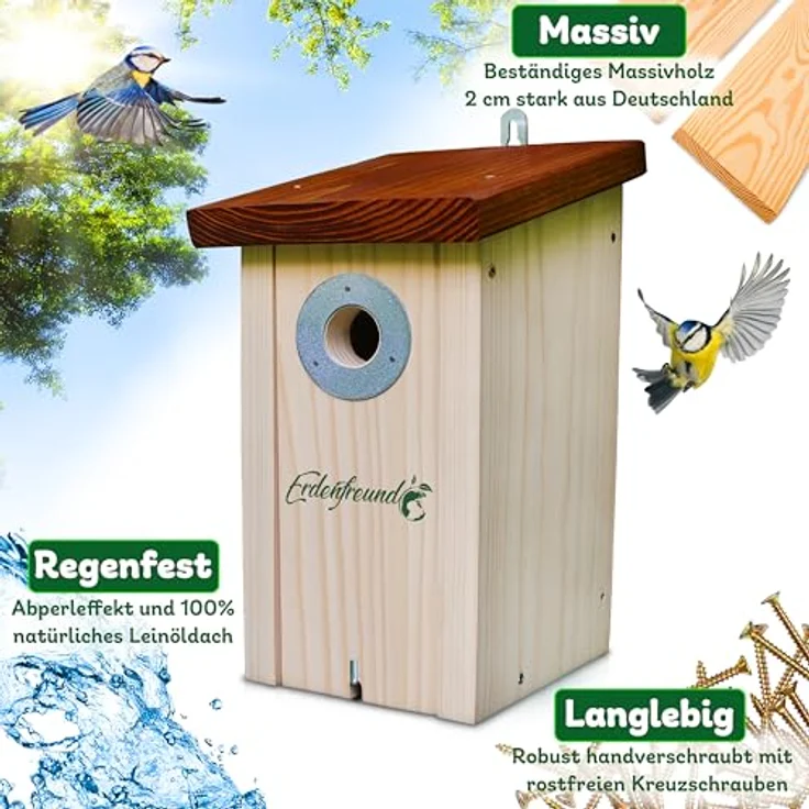 ERDENFREUND® Meisen Nistkasten 28mm, mit Katzen-/Marderschutz und Spechtschutz aus rostfreiem Metall, massives Holz, easy clean – Bild 2