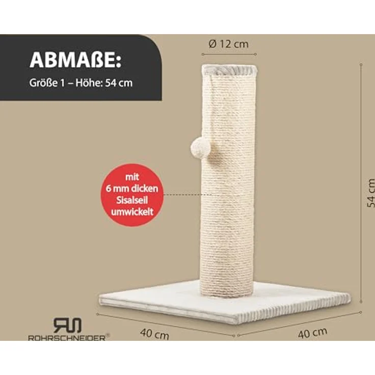 Rohrschneider ® Kratzbaum XL, extra dicke Kratzsäule Ø 12 cm mit Spielzeug, Bodenplatte mit Cordbezug beige, 40x40 cm, 54 cm hoch – Bild 3