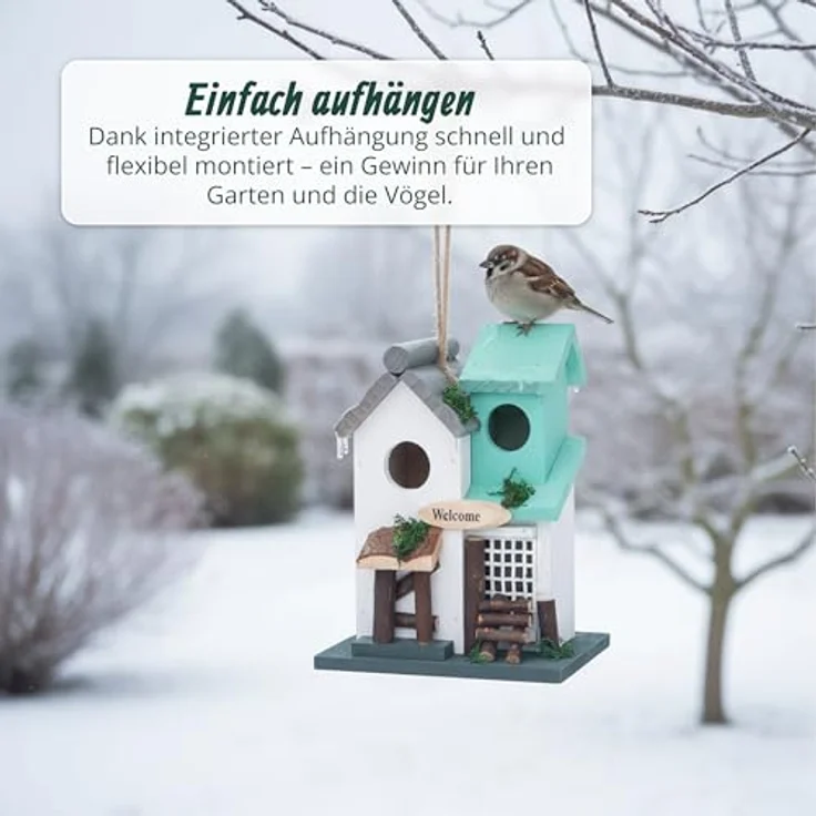 Relaxdays Deko Vogelhaus im Landhausstil, mehrfarbige Holz-Vogelvilla zum Aufhängen, HBT 23 x 18 x 13 cm, wetterfest für Garten und Balkon – Bild 3