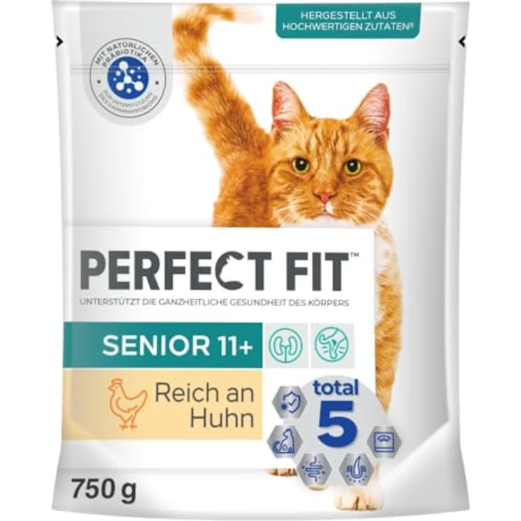 Perfect Fit Senior Trockenfutter für Katzen ab 11 Jahren, Huhn, 750g (6 Beutel) - Unterstützt gesunde Haut, Fellpflege und Harnwege – Bild 1