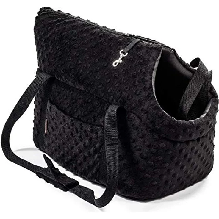 BOUTIQUE ZOO Hundetasche, Welpentasche - Schwarz (Minky), XS bis 3 kg, mit Reißverschluss, abnehmbarem Kissen und sicherer Befestigung – Bild 3