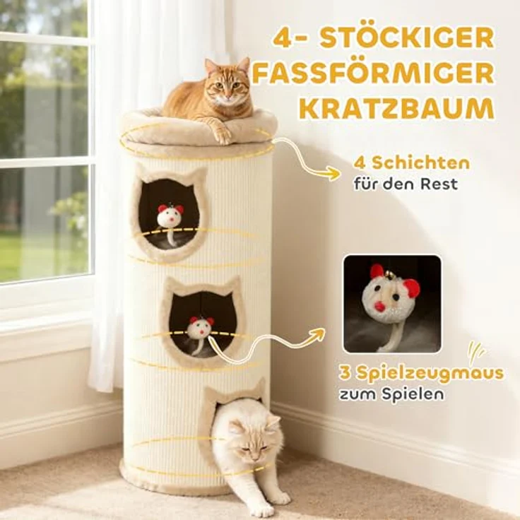 PawHut Kratztonne 96 cm hoch Ø 38 cm, vierstöckige Katzenhöhle mit Plüschrand, abnehmbaren und waschbarem Plüschbett, interaktiven Spielmäusen, cremeweiß – Bild 3