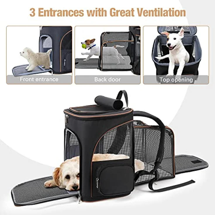 Lekesky Erweiterbar Katzenrucksack Hunderucksack, Faltbar und Atmungsaktiv, Schwarz, L, für kleine Katzen und Hunde bis 8 kg – Bild 4