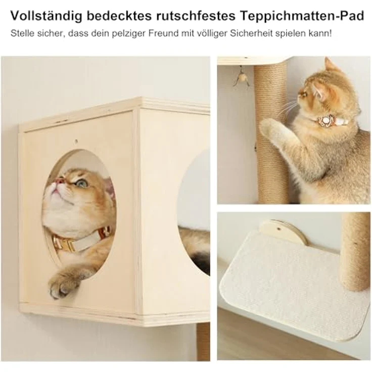 FUKUMARU Kletterwand für Katzen, 5-teiliges Wandregal-Set mit Hängematte, Katzenhaus, Katzentreppe und Kratzbaum, stabile Birken-Multi-Schichtplatte, beige – Bild 4