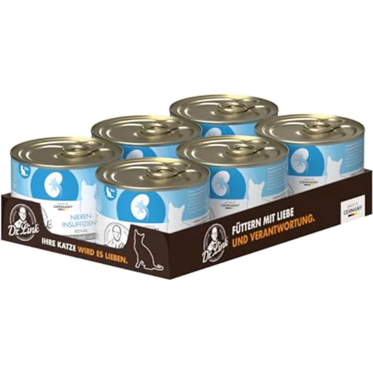 Dr. Link Spezial-Diät Katzenfutter, Nierenunterstützung mit Huhn & Lachs, 6x200g Dose – Premium-Qualität mit Omega-3 Fettsäuren