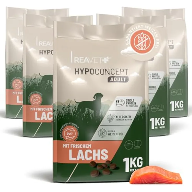 ReaVET HYPOCONCEPT Hundetrockenfutter Lachs, Single-Protein mit Frischfleisch, weizenfrei & ohne Zucker, 5kg - für alle Rassen, allergikerfreundlich und sensibelverträglich