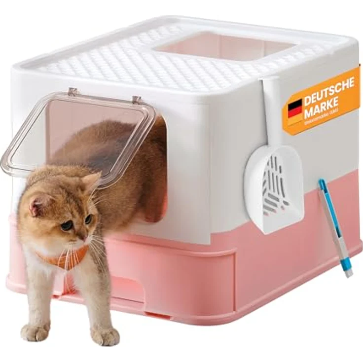 Feandrea Katzenklo PPT001P01, Katzentoilette mit Deckel, ausziehbarem Tablett, Schaufel und Bürste, auslaufsicher, für Katzen bis 15 kg, weiß-pastellrosa – Bild 1