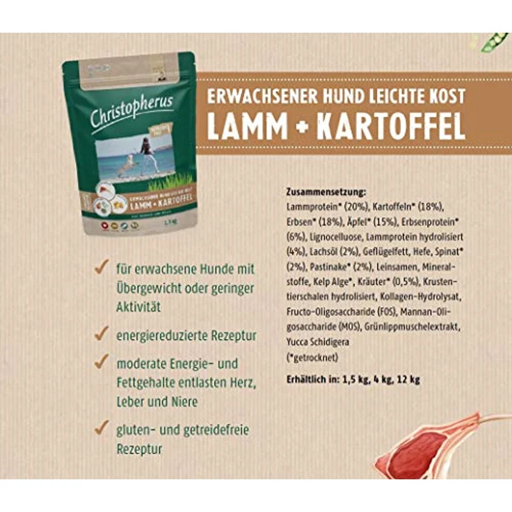 Christopherus Light Grainfree, Trockenfutter für ausgewachsene Hunde mit Übergewicht, Lamm + Kartoffel, getreidefrei, 4 kg – Bild 5