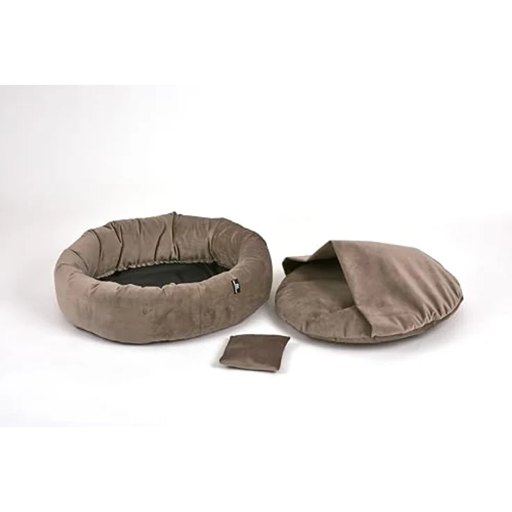 Rohrschneider LAJOS Kuschelinsel für Hunde, Rund mit Hohem Rand, Abnehmbarer Bezug, Handwaschbar, Samtstoff Polyester, Antirutsch-Unterseite, Taupe, Gr. S: Ø50x15cm – Bild 2