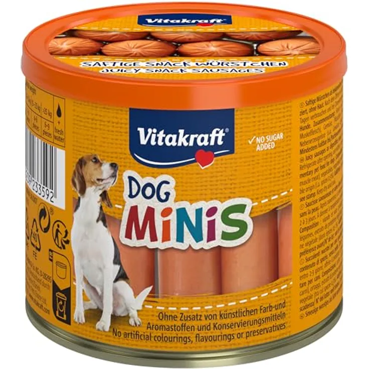 Vitakraft Dog Minis, Mini Würstchen aus Geflügel, gewürzreduziert, ohne Zucker, in wiederverschließbarer Dose, 120g