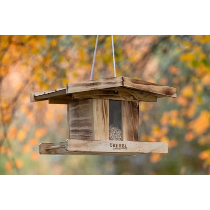 Kerbl Hobbyfarming 87044 Vogelfutterhaus, aus witterungsbeständigem Holz mit Glasscheibe zur Füllstandsanzeige, reißfester Kordel und Sitzstange für Vögel, natürliche Optik – Bild 3