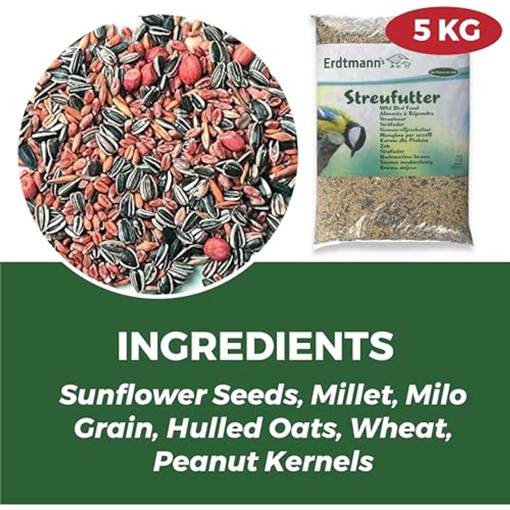Erdtmann's Streufutter 5 kg, ausgewogene Mischung aus Weizen, Sonnenblumenkernen, Hirse und Erdnüssen für Singvögel – Bild 2