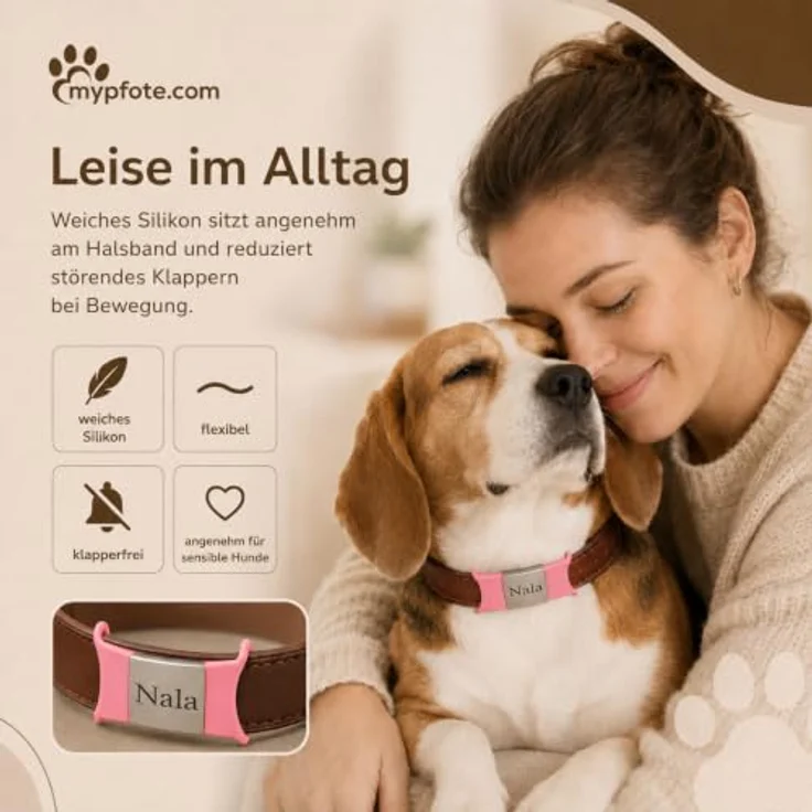 mypfote.com Hundemarke personalisiert für Halsband, Slider mit Gravur, Blau, Größe S, leise im Alltag und robuste Materialkombination – Bild 4