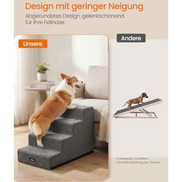 Feandrea Hundetreppe Baddi Kollektion PPS024GN01, 4 Stufen Katzentreppe aus hochdichtem Schaumstoff, 62 x 40 x 44 cm, Bleigrau, Waschbare Hunderampe für Kleine Hunde, Antirutsch-Oberfläche – Bild 3